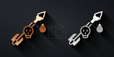 Illustration for Gold and silver Poison on the arrow icon isolated on black background. Poisoned arrow. Long shadow style. Vector - Royalty Free Image