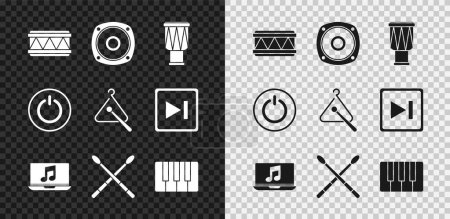 Set Drum, Stereo speaker, Laptop with music note, sticks, Music synthesizer, Power button and Triangle musical instrument icon. Vector
