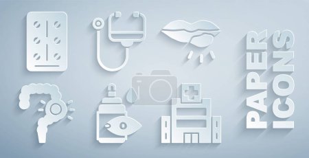 Illustration for Set Eye drop bottle, Herpes lip, Gut constipation, Medical hospital building, Stethoscope and Pills blister pack icon. Vector - Royalty Free Image