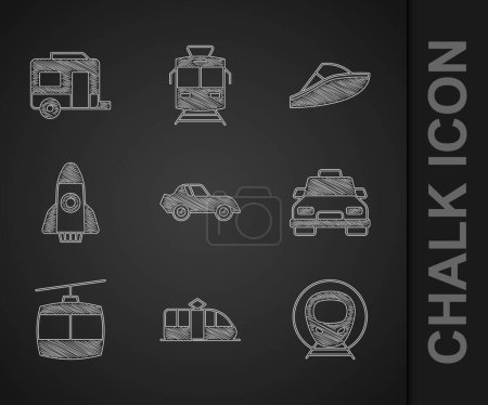 Illustration for Set Car, Tram and railway, Train, Taxi car, Cable, Rocket ship, Speedboat and Rv Camping trailer icon. Vector - Royalty Free Image