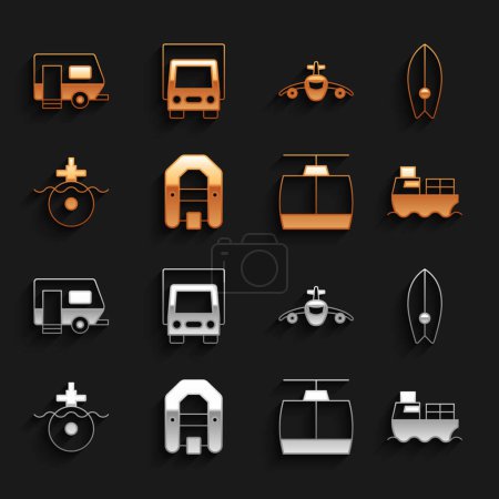 Illustration for Set Rafting boat, Surfboard, Cargo ship with boxes delivery, Cable car, Submarine, Plane, Rv Camping trailer and Delivery cargo truck icon. Vector - Royalty Free Image