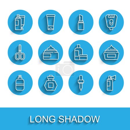 Illustration for Set line Perfume, Cream or lotion cosmetic tube, Pipette,  and  icon. Vector - Royalty Free Image