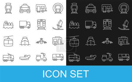 Illustration for Set line Bus, Rv Camping trailer, Windsurfing, Delivery cargo truck, Oil tanker ship, Tram and railway and Train icon. Vector - Royalty Free Image