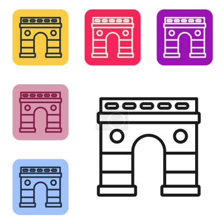 Illustration for Black line Triumphal Arch icon isolated on white background. Landmark of Paris, France. Set icons in color square buttons. Vector - Royalty Free Image
