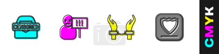 Illustration for Set Censored stamp, Protest, Handcuffs on hands of criminal and Shield icon. Vector - Royalty Free Image