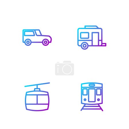 Illustration for Set line Train and railway, Cable car, Car and Rv Camping trailer. Gradient color icons. Vector - Royalty Free Image