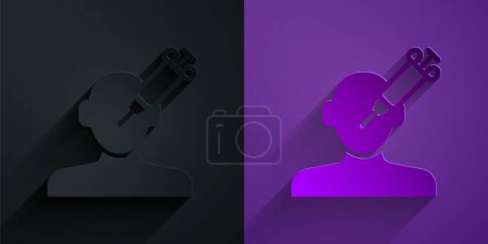 Illustration for Paper cut Addiction to the drug icon isolated on black on purple background. Heroin, narcotic, addiction, illegal. Sick junkie with a syringe and medical pills. Paper art style. Vector - Royalty Free Image