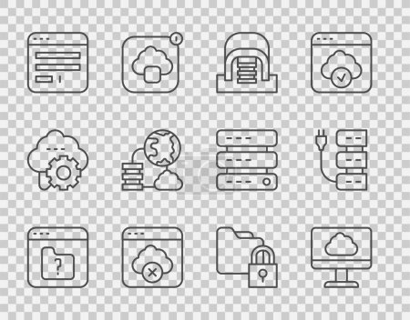 Illustration for Set line File missing, Cloud technology data transfer, Hangar with servers, Failed access cloud storage, Browser window, Network connection, Folder and lock and Server icon. Vector - Royalty Free Image