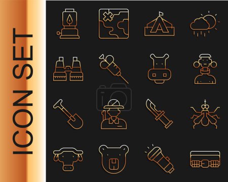 Illustration for Set line Hunting cartridge belt, Mosquito, African tribe male, Tourist tent, Syringe, Binoculars, Camping lantern and Hippo or Hippopotamus icon. Vector - Royalty Free Image