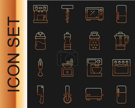 Illustration for Set line Refrigerator, Oven, Teapot, Microwave oven, Pepper, Salt, Coffee machine and Grater icon. Vector - Royalty Free Image