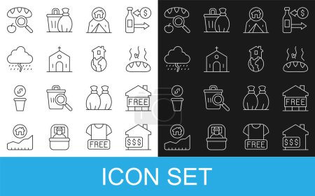 Set line House with dollar, Shelter for homeless, Donation food, Tourist tent, Church building, Cloud rain, Searching and  icon. Vector