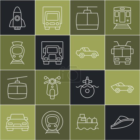Illustration for Set line Speedboat, Car, Trolleybus, Cable car, Delivery cargo truck, Tram and railway, Rocket ship and  icon. Vector - Royalty Free Image