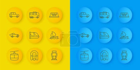 Illustration for Set line Cable car, Car, Train and railway, Tram, Yacht sailboat, Taxi roof and Bus icon. Vector - Royalty Free Image