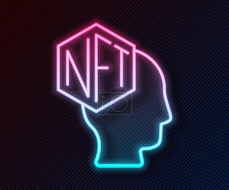 Brillante línea de neón NFT Icono de arte criptográfico digital aislado sobre fondo negro. Token no fungible. Vector