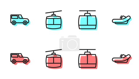 Illustration for Set line Cable car, Car,  and Rafting boat icon. Vector - Royalty Free Image