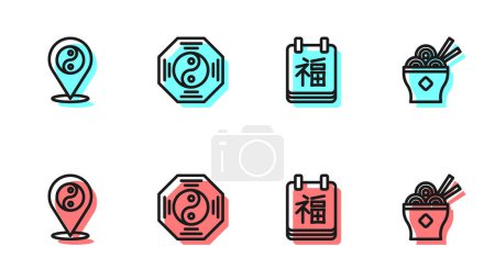Ilustración de Establezca la línea Año Nuevo Chino, el símbolo de Yin Yang y el icono del tazón de fideos asiáticos. Vector - Imagen libre de derechos