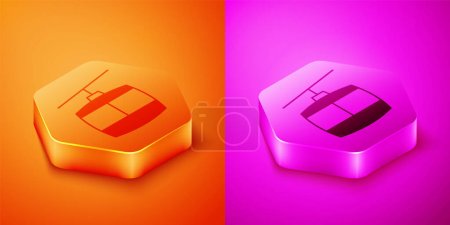 Illustration for Isometric Cable car icon isolated on orange and pink background. Funicular sign. Hexagon button. Vector - Royalty Free Image