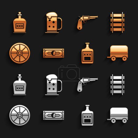 Illustration for Set Stacks paper money cash, Railway, railroad track, Wild west covered wagon, Whiskey bottle, Old wooden wheel, Revolver gun, Alcohol drink Rum and Wooden beer mug icon. Vector - Royalty Free Image