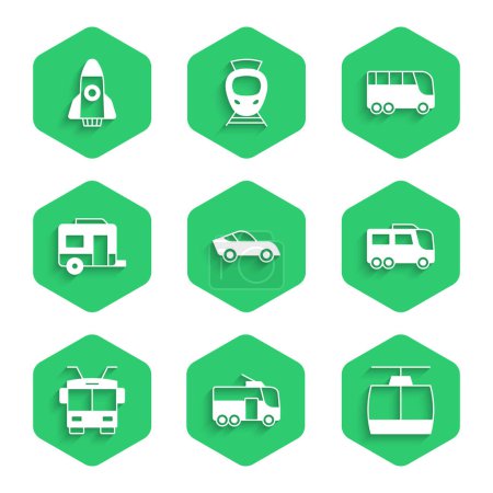 Illustration for Set Car, Trolleybus, Cable car, Bus, Rv Camping trailer,  and Rocket ship icon. Vector - Royalty Free Image