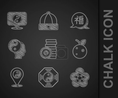 Ilustración de Establecer moneda Yuan chino, Yin Yang símbolo, flor de loto, fruta de melocotón o nectarina, Año Nuevo e icono. Vector - Imagen libre de derechos