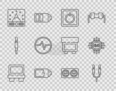 Illustration for Set line Fuse, Electric light switch, Battery charge level indicator, Ampere meter, multimeter, voltmeter, circuit scheme, Electrical outlet and Processor with microcircuits CPU icon. Vector - Royalty Free Image