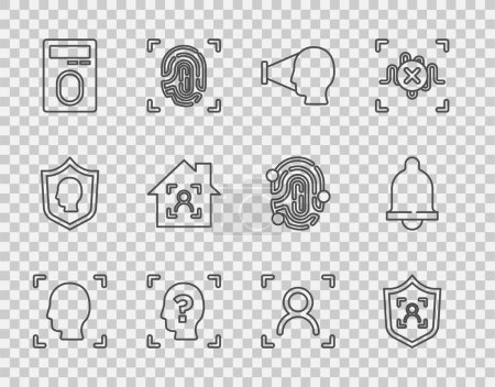 Illustration for Set line Face recognition, Shield face, Fingerprint with lock, Smart home id,  and Motion sensor icon. Vector - Royalty Free Image