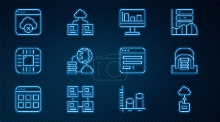 Illustration for Set line Cloud technology data transfer, Hangar with servers, Monitor graph chart, Network cloud connection, Processor CPU, Failed access storage, Browser window and  icon. Vector - Royalty Free Image