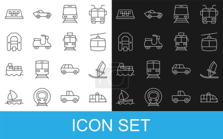 Illustration for Set line Tram and railway, Windsurfing, Cable car, Train, Scooter, Rafting boat, Taxi roof and  icon. Vector - Royalty Free Image