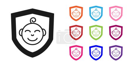 Illustration for Black Baby on shield icon isolated on white background. Child safety sign. Set icons colorful. Vector - Royalty Free Image