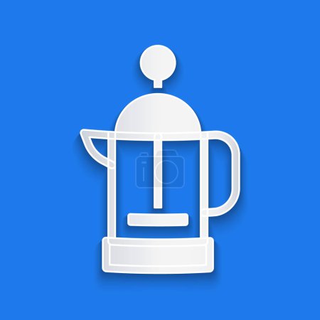 Illustration for Paper cut French press icon isolated on blue background. Paper art style. Vector - Royalty Free Image