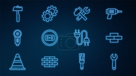 Illustration for Set line Wrench spanner, Bricks, Hammer and wrench, Electrical outlet, Angle grinder, plug and Gear icon. Vector - Royalty Free Image
