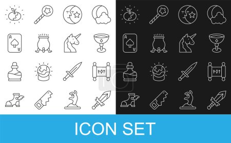 Illustration for Set line Medieval sword, Magic scroll, goblet, Moon and stars, Witch cauldron, Playing cards, Poison apple and Unicorn icon. Vector - Royalty Free Image