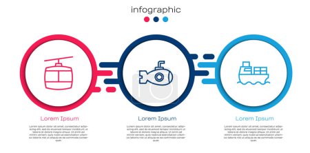 Illustration for Set line Cable car, Submarine and Cargo ship with boxes delivery. Business infographic template. Vector - Royalty Free Image