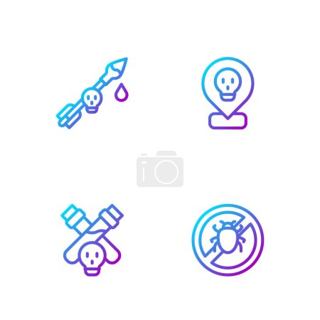 Illustration for Set line Stop colorado beetle, Bottle with potion, Poison the arrow and Radioactive in location. Gradient color icons. Vector - Royalty Free Image