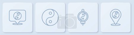 Ilustración de Establecer la línea Yin Yang símbolo, linterna de papel chino, y. Botón cuadrado blanco. Vector - Imagen libre de derechos