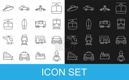 Illustration for Set line Rocket ship, Car, Train and railway, Plane, Surfboard, Cable car, Speedboat and Bus icon. Vector - Royalty Free Image
