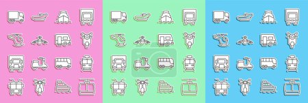 Illustration for Set line Cable car, Tram and railway, Scooter, Cruise ship, Plane, Helicopter, Delivery cargo truck and Rv Camping trailer icon. Vector - Royalty Free Image