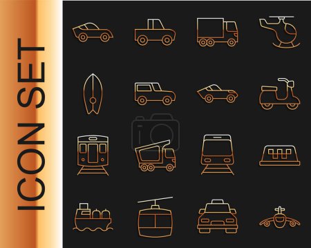 Illustration for Set line Plane, Taxi car roof, Scooter, Delivery cargo truck, Car, Surfboard,  and  icon. Vector - Royalty Free Image