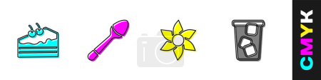 Illustration for Set Piece of cake, Teaspoon, Flower and Ice tea icon. Vector - Royalty Free Image