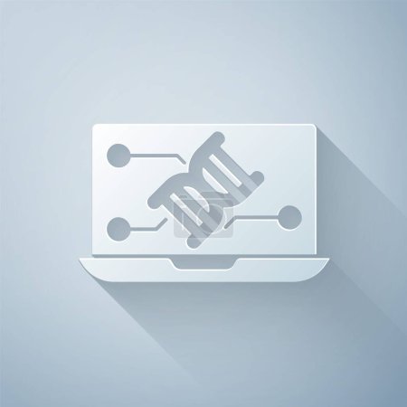 Illustration for Paper cut Genetic engineering modification on laptop icon isolated on grey background. DNA analysis, genetics testing, cloning. Paper art style. Vector. - Royalty Free Image