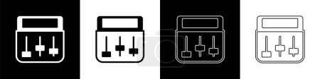 Illustration for Set Drum machine music producer equipment icon isolated on black and white background.  Vector - Royalty Free Image