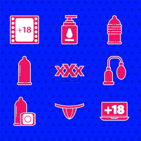 Set Sex shop, Woman panties, Laptop with 18 plus content, Penis pump, Condom, safe sex and Play Video icon. Vector