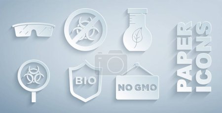 Téléchargez les illustrations : Set Shield pour aliments bio sains, éprouvette et fiole, loupe Biohazard, pas d'OGM, Stop et icône de lunettes de laboratoire. Vecteur - en licence libre de droit