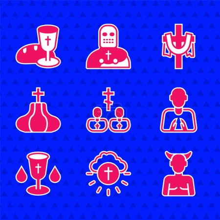 Set Priest, Religious cross in circle, Krampus, heck, Hands praying position, Christian chalice, Church tower,  and Goblet bread icon. Vector