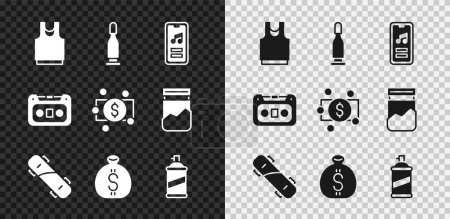 Set Unterhemd, Kugel, Musikspieler, Skateboard, Geldbeutel, Farbsprühdose, Retro-Audio-Kassette Band und Stacks Papiergeld Cash-Symbol. Vektor