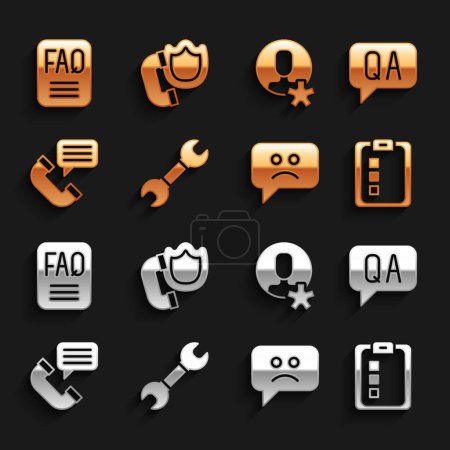 Set Wrench spanner, Question and Answer, Online quiz, test, survey, Sad smile, Telephone conversation, Elected employee, FAQ information and handset with shield icon. Vector