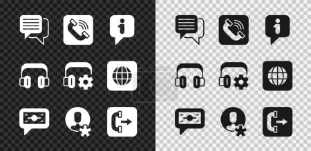 Set Speech bubble chat, Telephone handset, Information, Stacks paper money cash, Elected employee, Outgoing call, Headphones and Headphoneswith settings icon. Vector