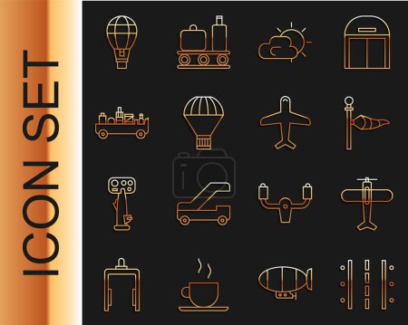 Set line Airport runway, Plane, Cone meteorology windsock wind vane, Sun and cloud weather, Box flying parachute, luggage towing truck, Hot air balloon and  icon. Vector