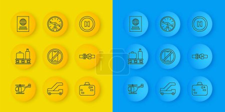Illustration for Set line Helicopter, Airport conveyor belt with suitcase, No cell phone, Suitcase, Safety, Passport, landing pad and Compass icon. Vector - Royalty Free Image