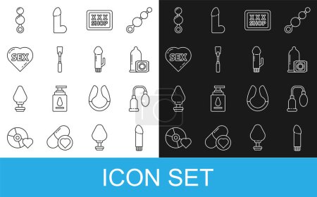 Set line Dildo vibrator, Penis pump, Condom, Sex shop, Leather whip, Heart with text, Anal beads and  icon. Vector